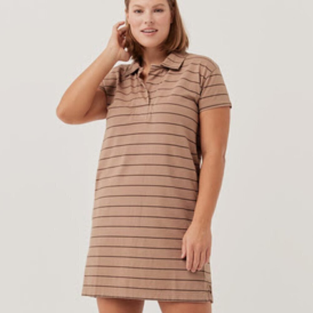 PACT Pinstripe Collared Polo Dress Cotton -  Peach/Brown - Small